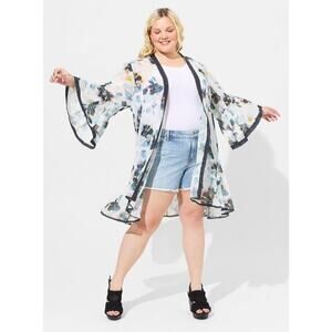 Torrid Plus Size 0X Floral Textured Chiffon Midi Ruffle Kimono Layering Top Blue